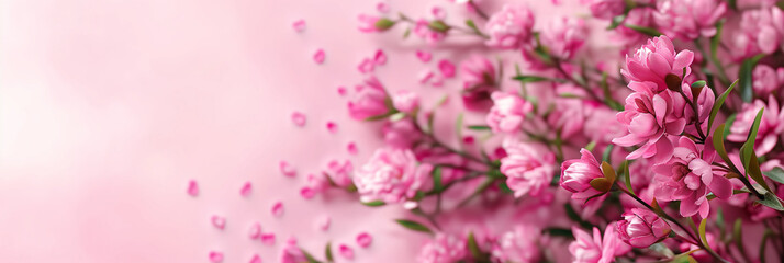 Blooming Magnolia Branches on Pastel Pink: A Breath of Spring with Falling Petals for Serene and...