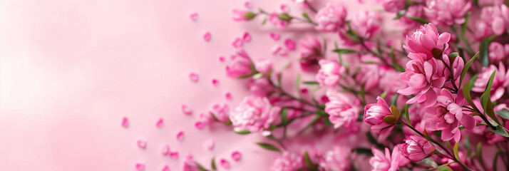 Blooming Magnolia Branches on Pastel Pink: A Breath of Spring with Falling Petals for Serene and Graceful Backgrounds