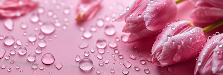 Fototapeta premium Rain-kissed Pink Tulips: Dewy Petals on Pastel Background for Springtime Festivities and Elegant Floral Displays