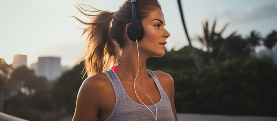 Athletic woman outdoors wearing earphones, listening to music while working out.