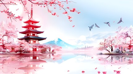 Photo of cherry blossoms and the Sensoji Temple in Asakusa, Tokyo, Japan, generated by AI
