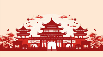 Abstract Chinese temple silhouette with festive decorations. simple Vector art