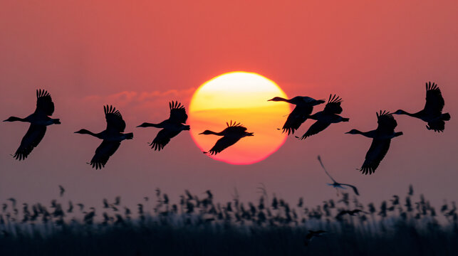 Fototapeta A group of birds flying in silhouette against the setting sun.