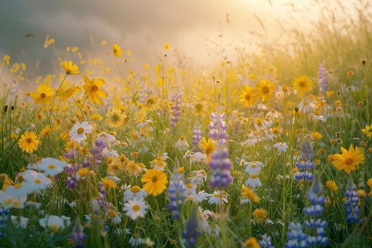 Ethereal Beauty: A Meadow of Blooming Cosmos, Embracing the Vibrant Vitality of Nature's Floral Symphony, Illuminated by the Golden Sunlight of a Summer Sunset © VICHIZH