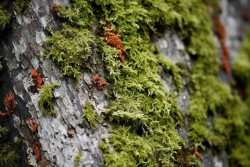 Extreme close-up of tree bark with lichen and moss - obrazy, fototapety, plakaty