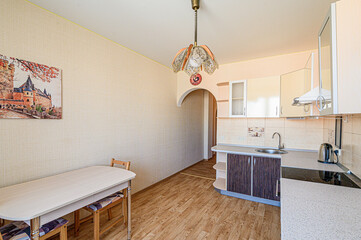 interior kitchen and dining room, refectory area, cooking equipment, table furniture, stove