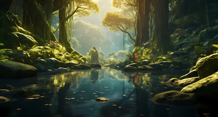 a forest setting with ponds and trees with moss - Powered by Adobe