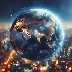  Planet earth on the background of blurred lights of the city. Concept on business, politics, ecology and media. Elements of this image furnished by NASA created with generative ai.