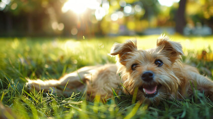 Playful cute dog in park on green grass.