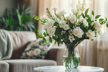 Fresh cut spring flowers in vase on table in living room