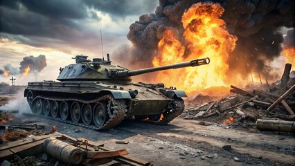abondend tank in war, fire - obrazy, fototapety, plakaty