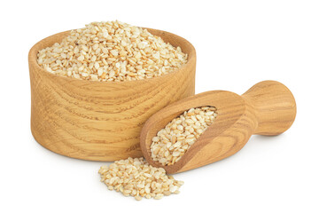 Sesame seeds in wooden bowl and scoop isolated on white background