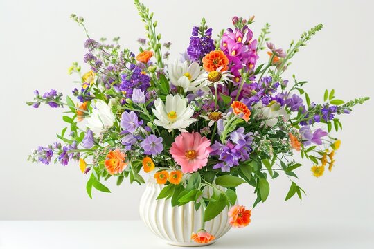 Fresh cut spring flowers in vase on white background