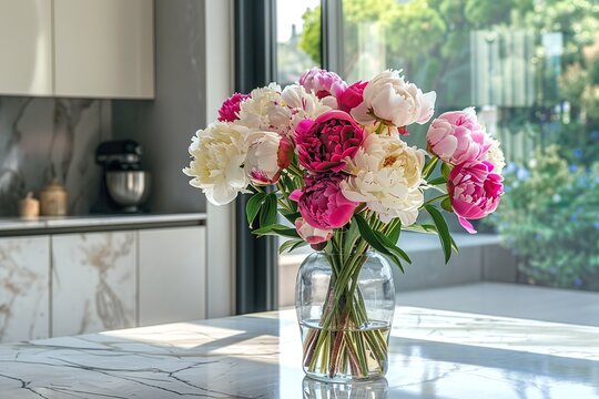 Fresh bouquet of peony flowers in vase on table in kitchen