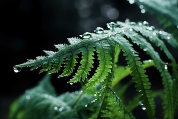 Fototapeta premium Ice crystals forming on the surface of a large, dark green fern