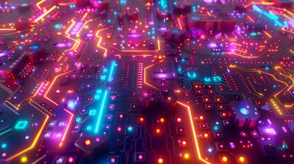 Obraz premium Circuit board background featuring vivid circuits and lights. Aerochrome. Turquoise & orange themes, reminiscent of Internet academia & architectural illustrations. 