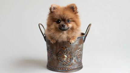 Pomeranian standing inside a decorated metal enclosure.