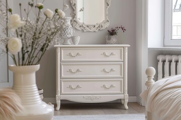 White chest of drawers in stylish living room interior