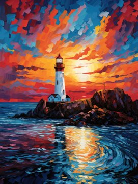 Lighthouse at Sunset Painting. Printable Wall Art.