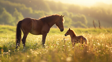 Pony and horse play in the meadow.