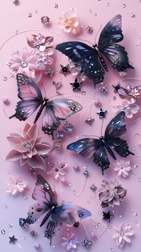 Colorful dark purple and light pink butterflies, flowers and gems on a light pink background. Beautiful pattern. Wallpaper concept.