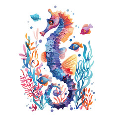 Seahorse and Fish as Sea Animal Floating Underwater