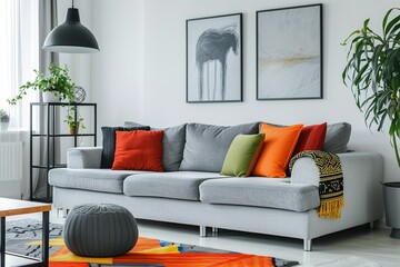 Modern scandinavian interior of living room with couch