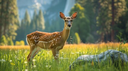 Beauty of a doe grazing in a meadow in Valley, a graceful inhabitant of the picturesque landscape.