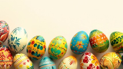 Fototapeta premium Easter poster featuring a pattern of colorfully painted eggs and space for text on a white background. Photorealistic.