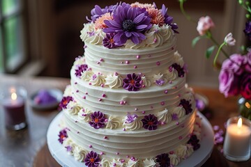 Obraz na płótnie Canvas Three layer purple big birthday cake