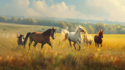Pony and horse play in the meadow.