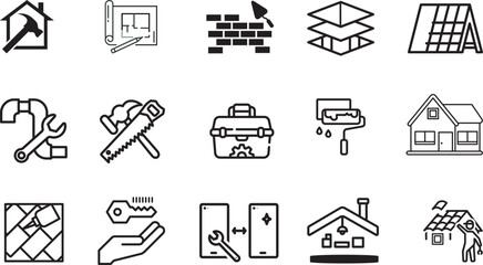 Outline icons about home renovation. Contains such icons as repair, tools, building materials, worker, sanitary, carpentry, architecture and decor. 