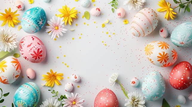 Easter poster featuring a pattern of colorful painted eggs and space for text on a white background. Photorealistic.