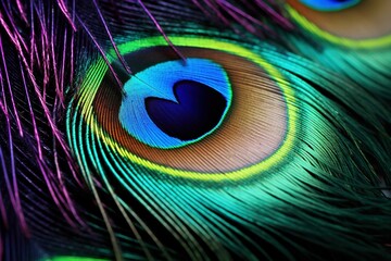 Fototapeta premium Macro of peacock feather focusing on iridescent eyespots