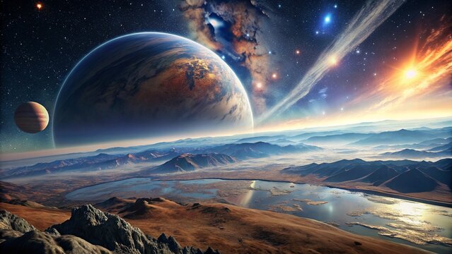 Panorama of distant planet system in space 3D rendering elements of this image