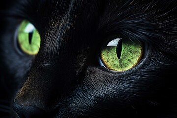 Macro shot of a green-eyed black cat against a dark backdrop, highlighting eye details - obrazy, fototapety, plakaty