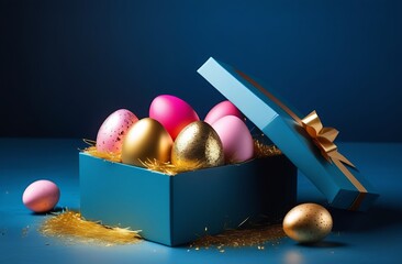 Easter eggs in a box on a blue background greeting card