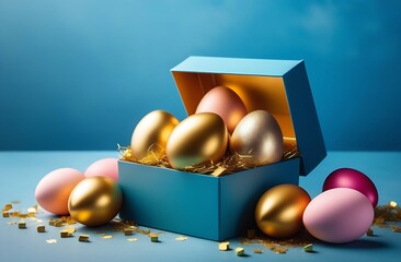 Easter eggs in a box on a blue background greeting card