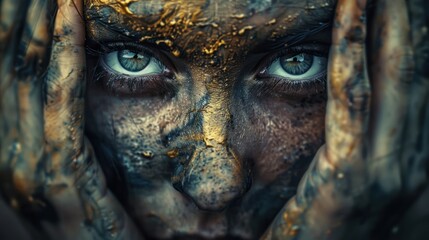 Depths of emotion captured in a portrait of woman with dreamy eyes and hands, conveying a sense of introspection, longing, and quiet contemplation.