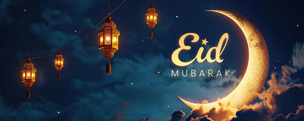 Greeting card background, eid mubarak glowing crescent moon with hanging lantern, ramadan kareem - obrazy, fototapety, plakaty