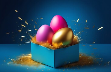 Easter eggs in a box on a blue background greeting card