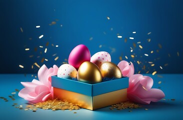 Easter eggs in a box on a blue background greeting card