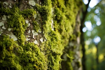 Moss and lichen growing on the north side of a poplar tree