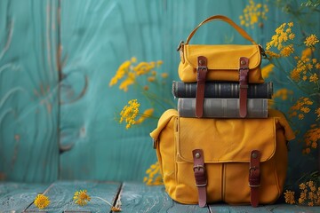 yellow school bag with books on green background