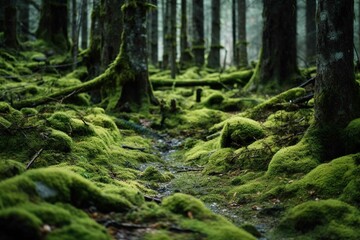 Moss covering a forest floor, mixed with fallen pine needles