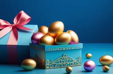 Easter eggs in a box on a blue background greeting card