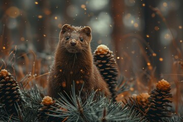 Brown ferret in the forest - obrazy, fototapety, plakaty