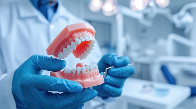 Man dentistry clinic holding jaw model for rules of oral and dental care