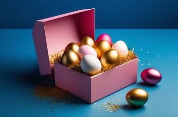 Easter eggs in a box on a blue background greeting card