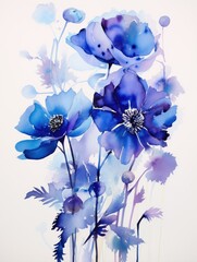 Blue Flowers Painting on White Background. Printable Wall Art.